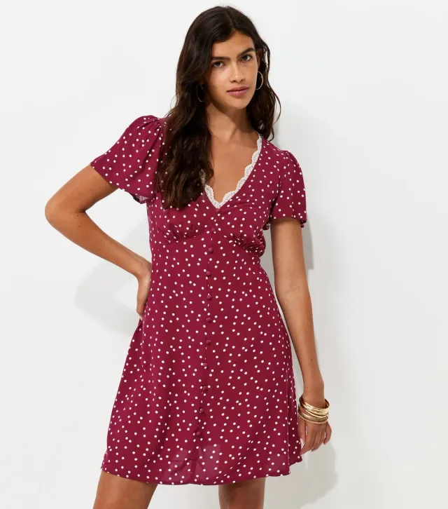Dark Burgundy Polka Dot Lace Trim Tea Mini Dress