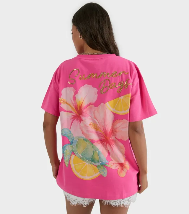 Bright Pink Cotton Summer Days Oversized T-Shirt