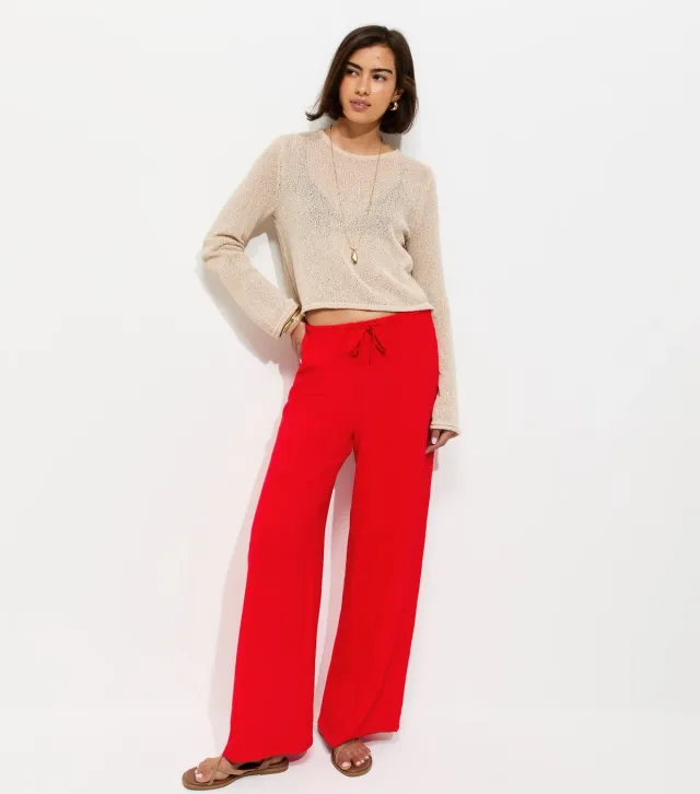 Bright Red Drawstring Waist Wide Leg Trousers