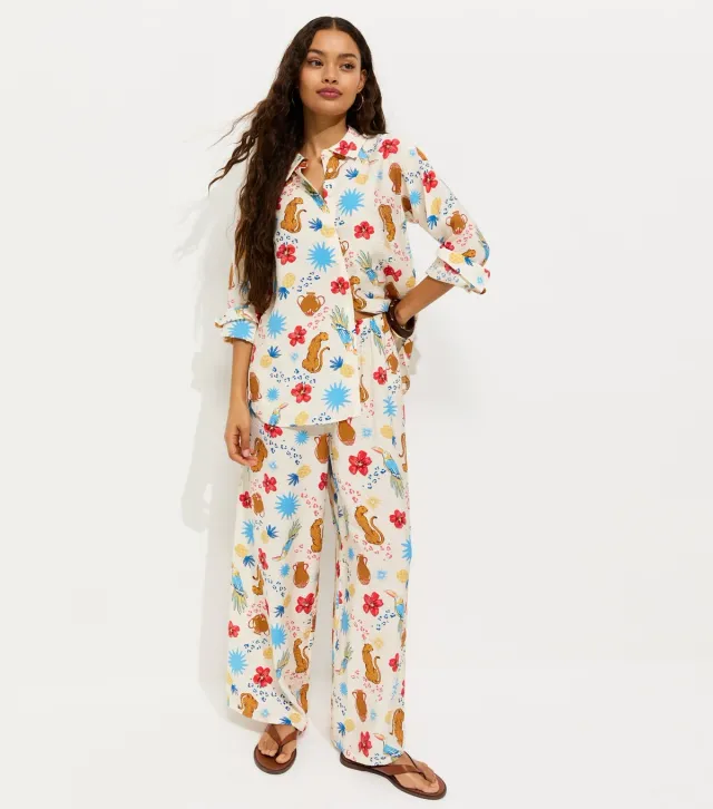 Petite Cream Crinkle Texture Leopard Print Wide Leg Trousers