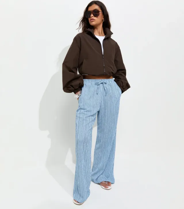 Blue Thin Stripe Crinkle Texture Wide Leg Trousers