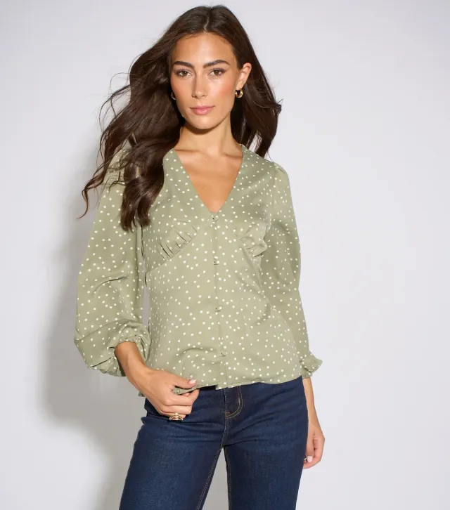 Light Green Polka Dot V-Neck Button Blouse