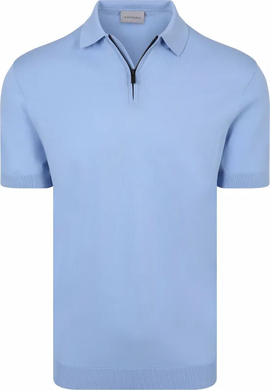 Suitable Knitted Half Zip Polo Shirt Dan Light Light blue Blue maat L