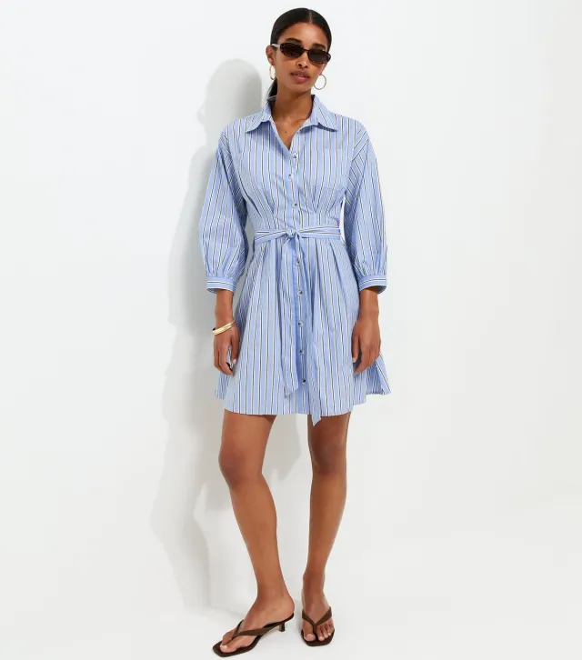 Blue Cotton Striped Puff Sleeve Mini Shirt Dress