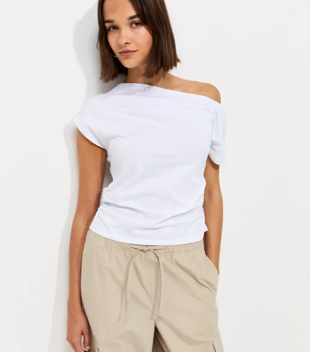 White Cotton Jersey Off the Shoulder Ruched Top