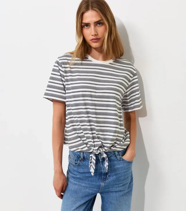Blue Cotton Horizontal Stripe Tie Front T-Shirt