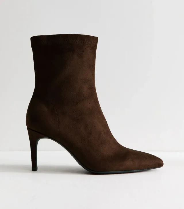 Dark Brown Faux Suede Pointed Sock Stiletto Ankle Boots Vegan