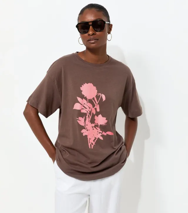 Dark Brown Cotton Floral Oversized T-Shirt