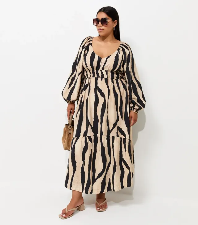 Plus Size Brown Abstract Print Smock Dress Curves