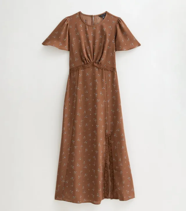 Brown Floral Print Lace Trim Flared Sleeve Midi Dress