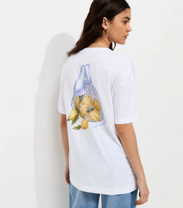 White Cotton Lemon Bag Print Oversized T-Shirt