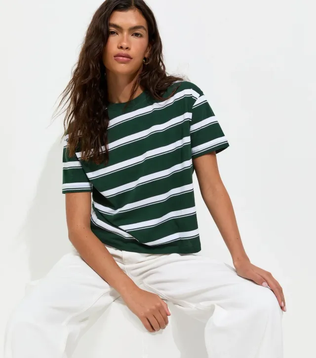 Green Cotton Striped Boxy Fit T-Shirt