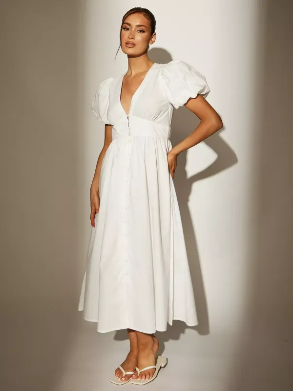 South Beach Puff Sleeve Button Detail Midi Dress