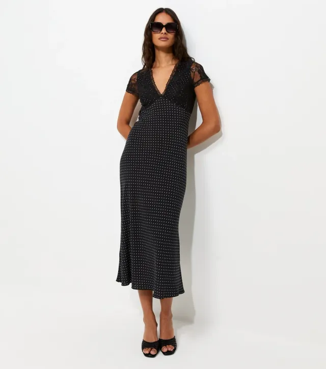 Black Short Sleeve Spot Print Lace Bust Midi Dress