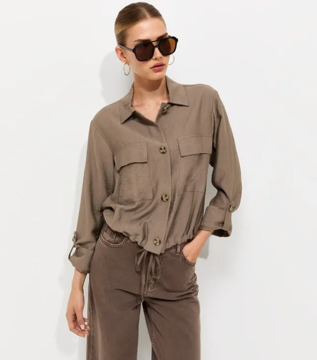 Stone Crinkle Texture Bubble Hem Button Front Shirt