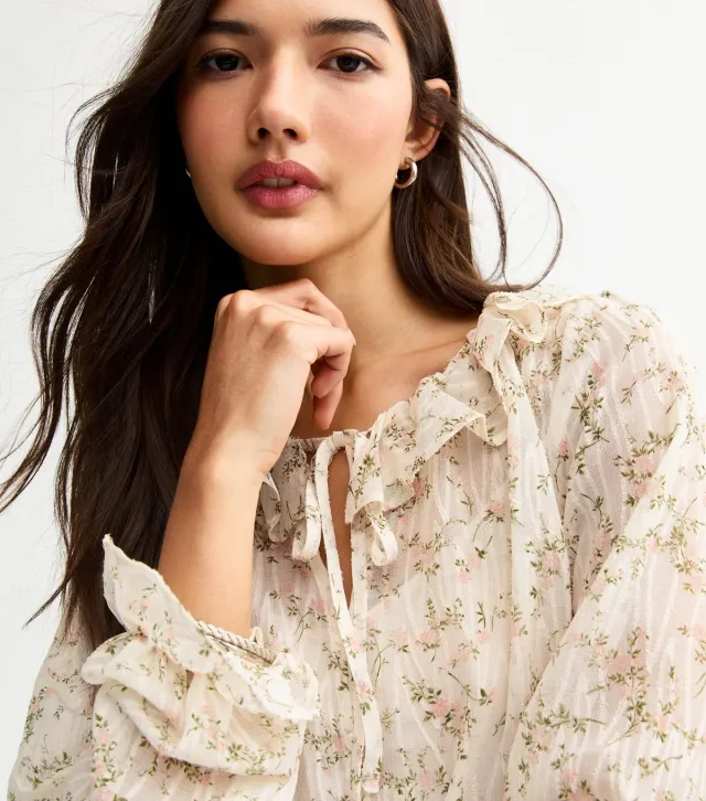 Off White Floral Print Ruffled Blouse