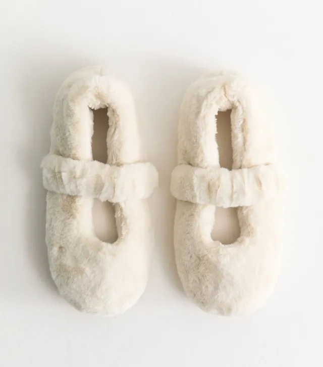 Off White Faux Fur Mary Jane Ballet Slippers Vegan