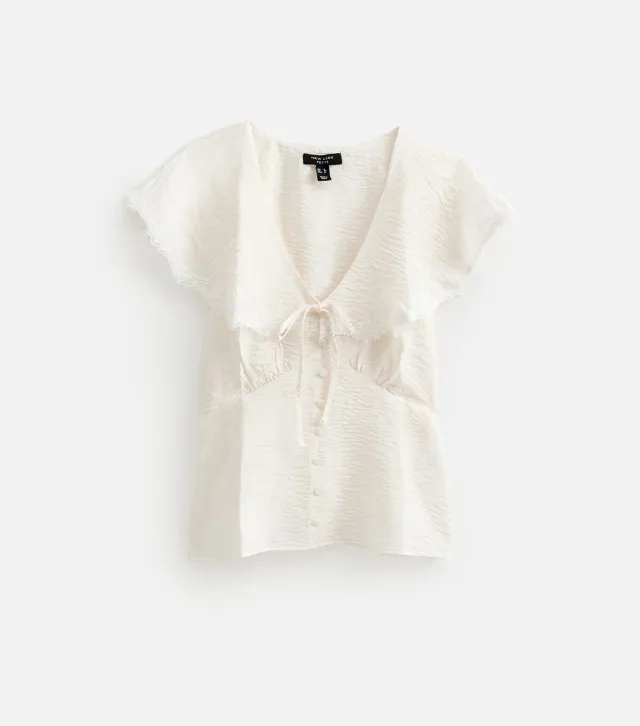 Petite Cream Crinkle Texture Faux Button Lace Cape Blouse
