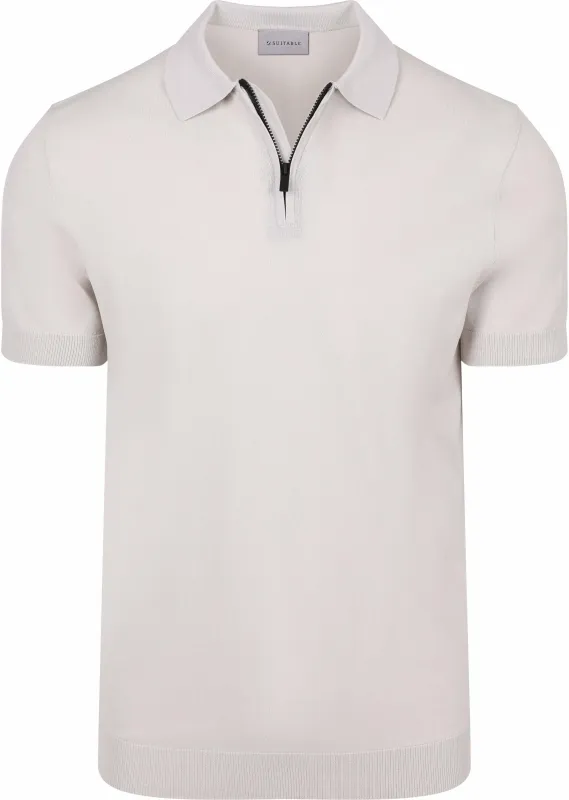 Suitable Knitted Half Zip Polo Shirt Dan Ecru Grey Beige maat L