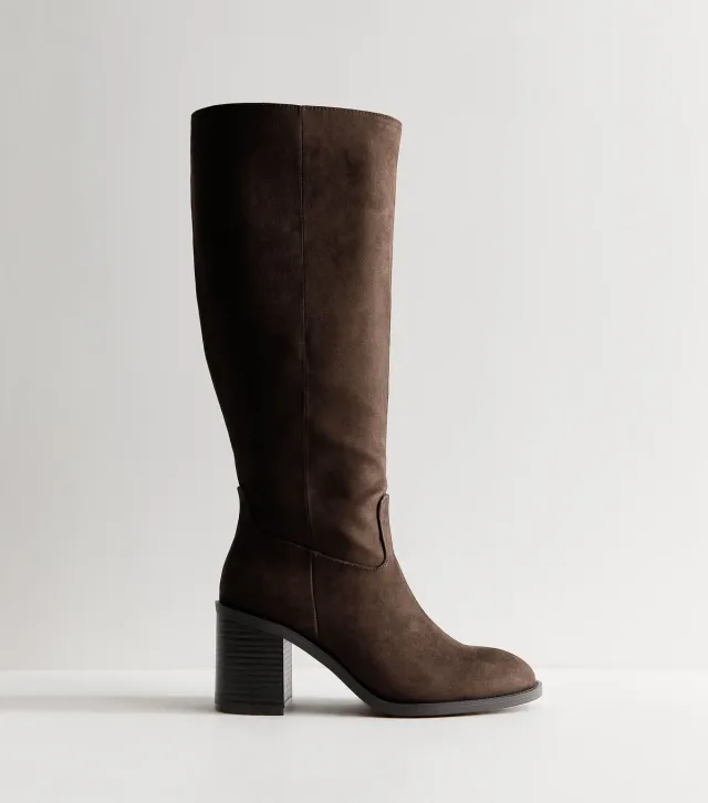 Dark Brown Faux Suede Block Heel Boots Vegan