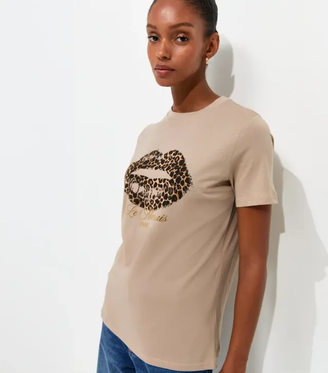 Mink Cotton Foil Leopard Print Lips Relaxed T-Shirt