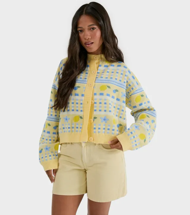 Bright Yellow Lemon Pattern Striped Cardigan
