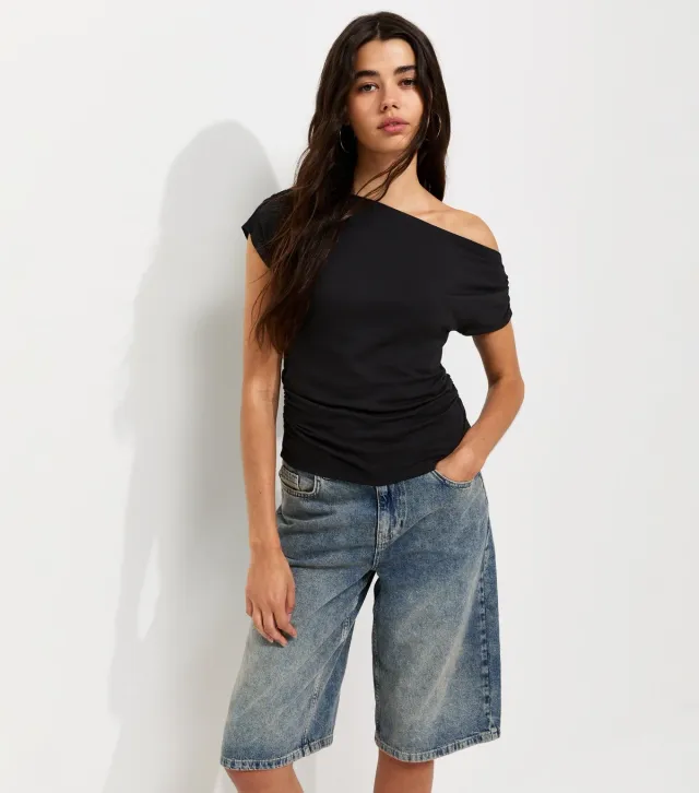 Black Cotton Jersey Off the Shoulder Ruched Top
