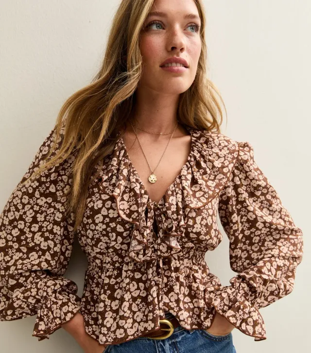 Brown Floral Print V-Neck Peplum Blouse