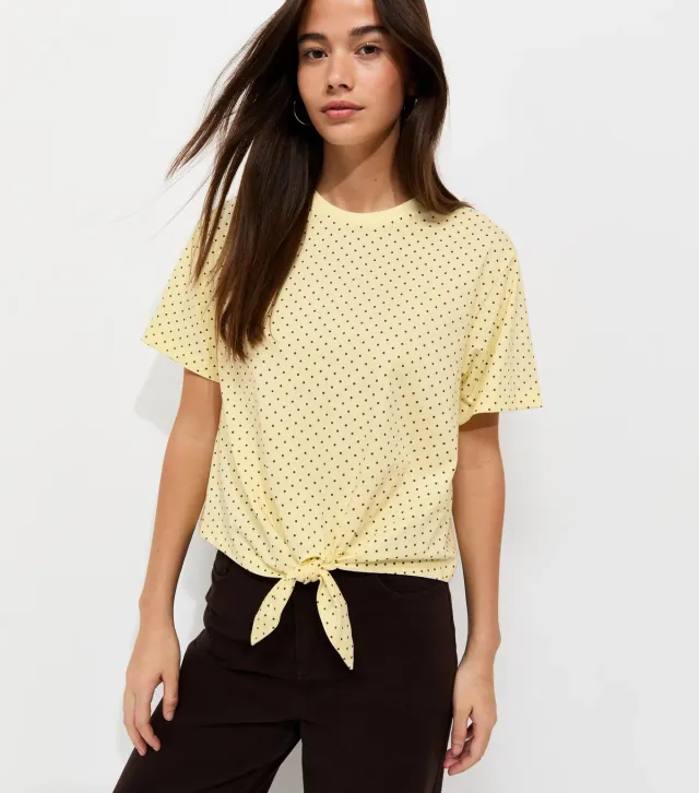 Yellow Cotton Polka Dot Tie Front T-Shirt