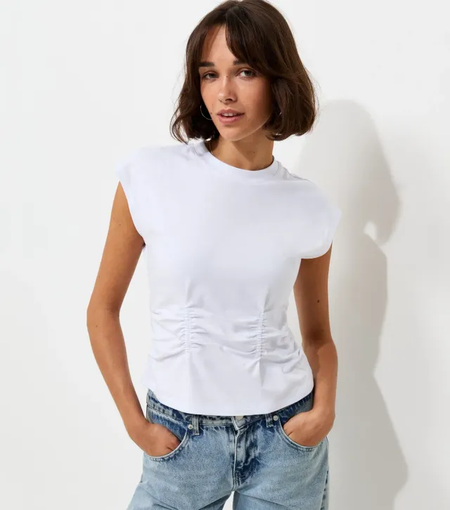 White Cotton Rich Ruched Waist Cap Sleeve T-Shirt