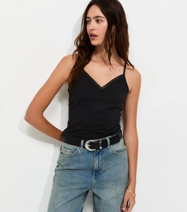 Black Lace Trim V-Neck Cami Top