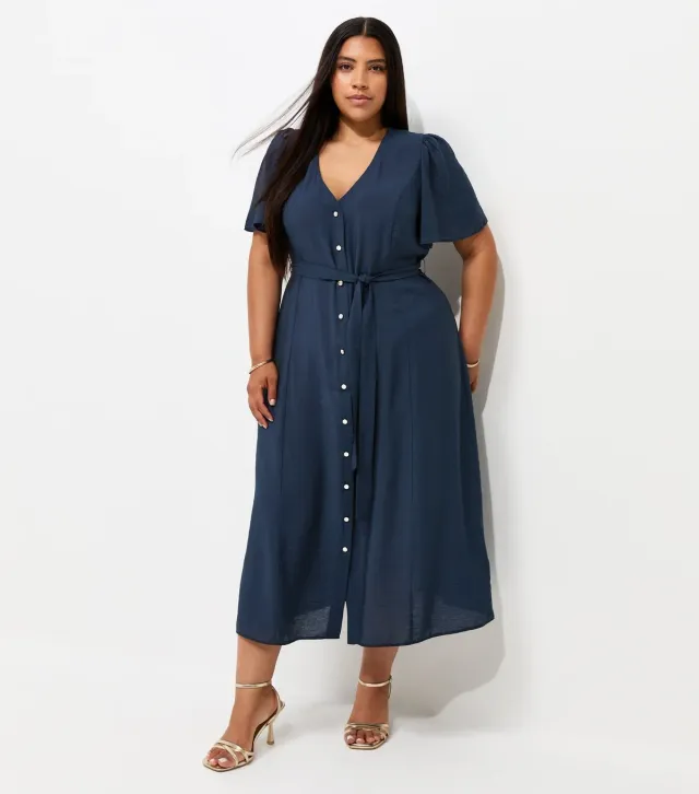 Plus Size Navy Button Through Puff Sleeve Midi Dress Curves