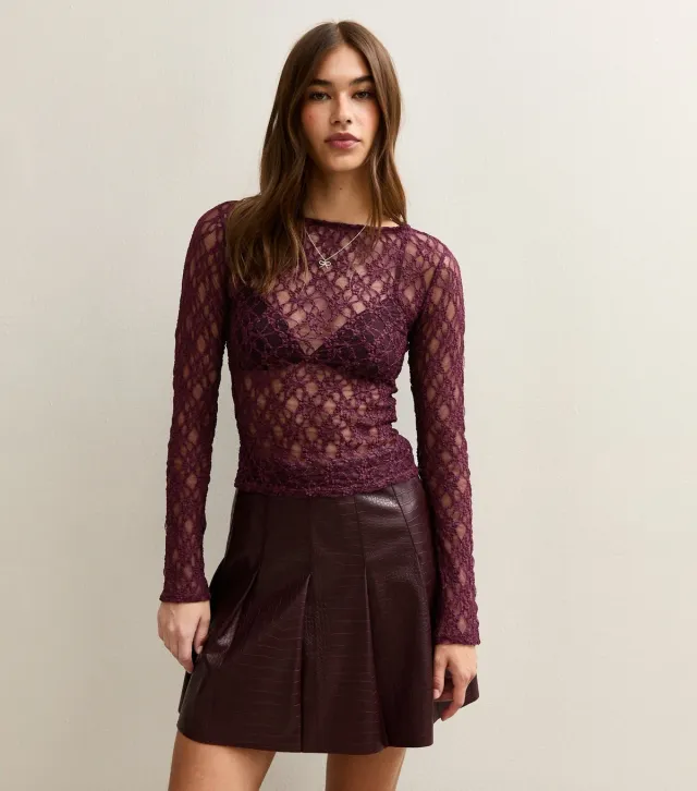 Burgundy Boat Neck Lace Long Sleeve Top