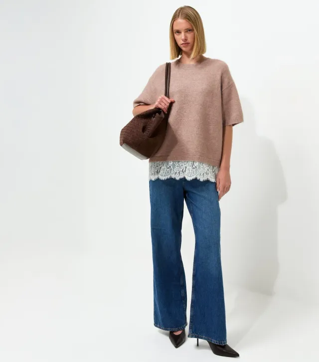 Mink Brushed Knit Lace Hem T-Shirt