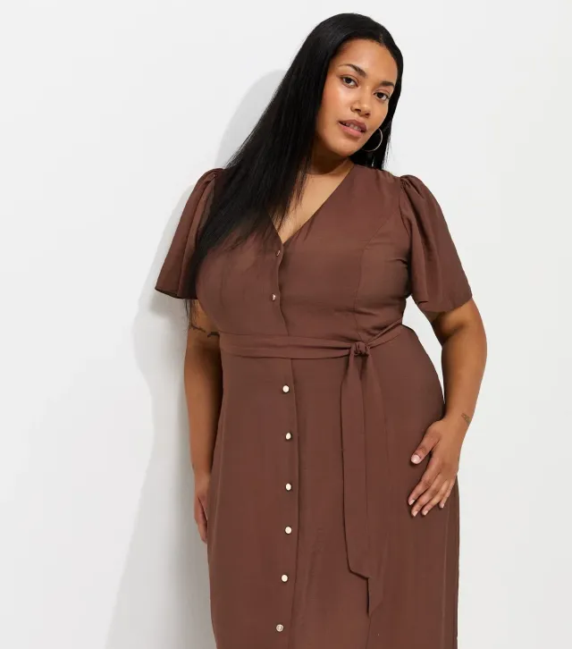 Plus Size Dark Brown Button Through Puff Sleeve Midi Dress Curves