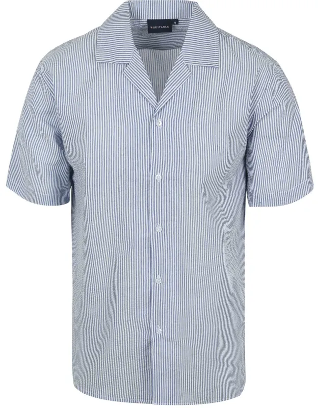 Suitable Short Sleeve Shirt Stripe Seersucker Light Light blue Blue maat L