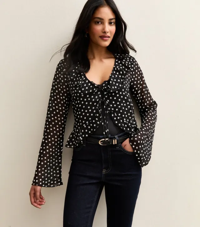Black Polka Dot Chiffon Tie Front Blouse