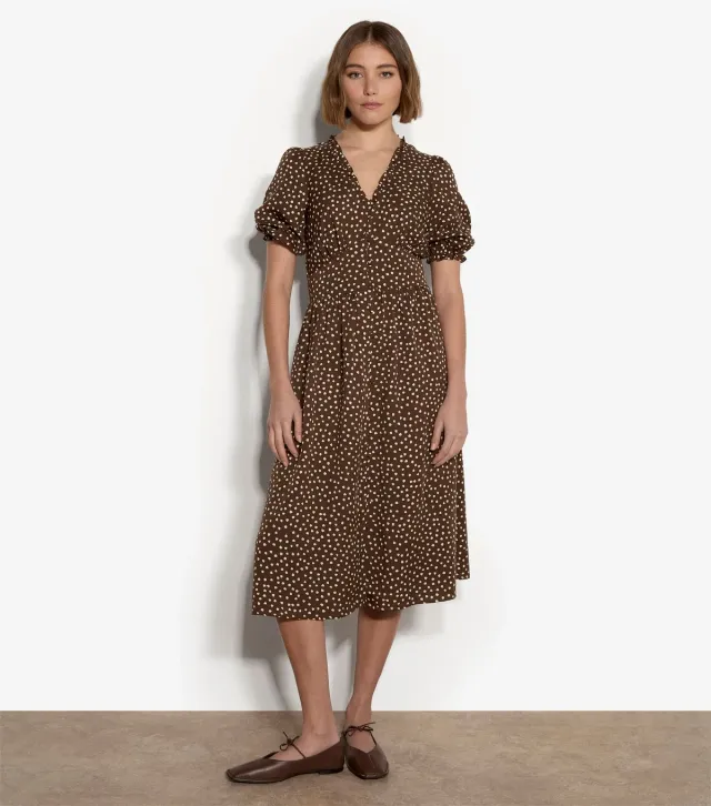 Brown Mini Dot Print Button Front Midi Dress