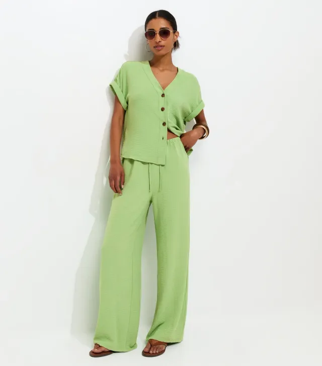 Bright Green Drawstring Waist Wide Leg Trousers