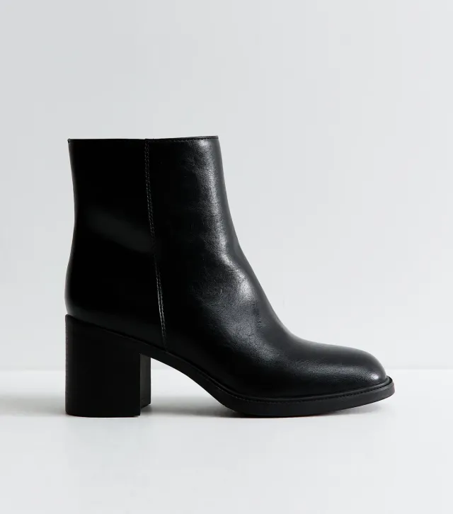 Black Faux Leather Block Heel Square Toe Ankle Boots