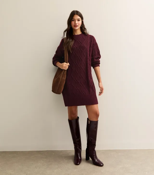 Dark Burgundy Cable Knit Crew Mini Dress