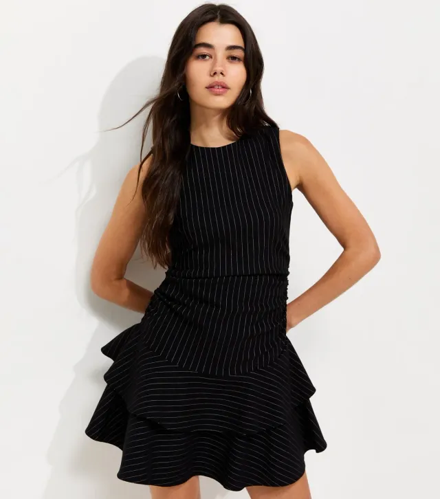 Black Pinstripe Ruched Tiered Skirt Mini Dress