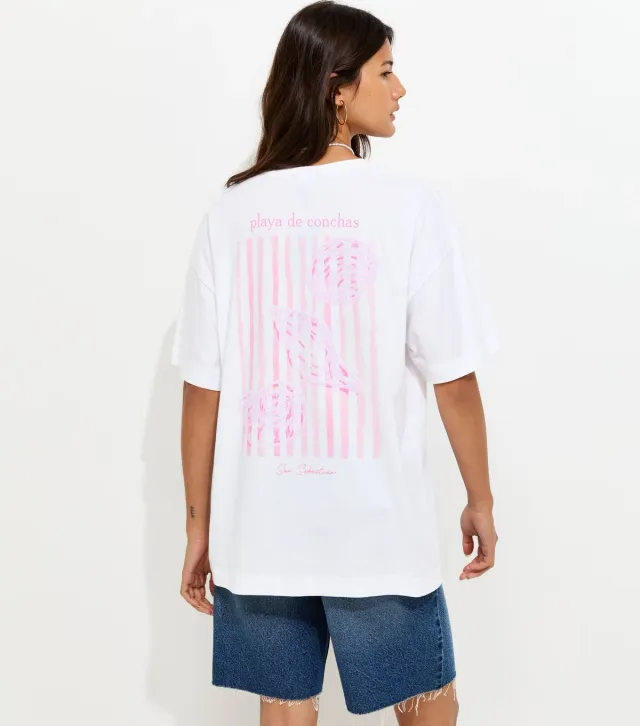 White Cotton Shell Print Oversized T-Shirt