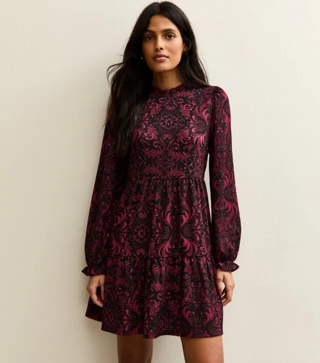 Red Crinkle Texture Floral Pattern Smock Mini Dress
