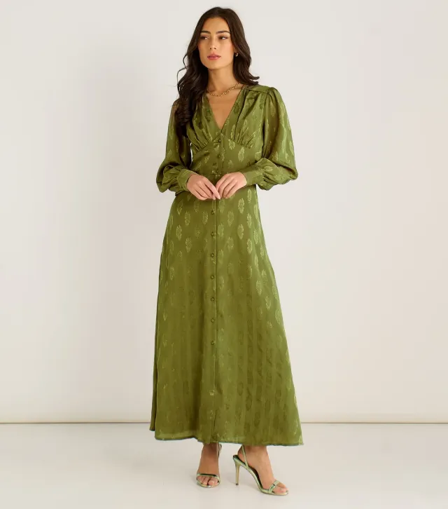Light Green Floral Satin Maxi Dress