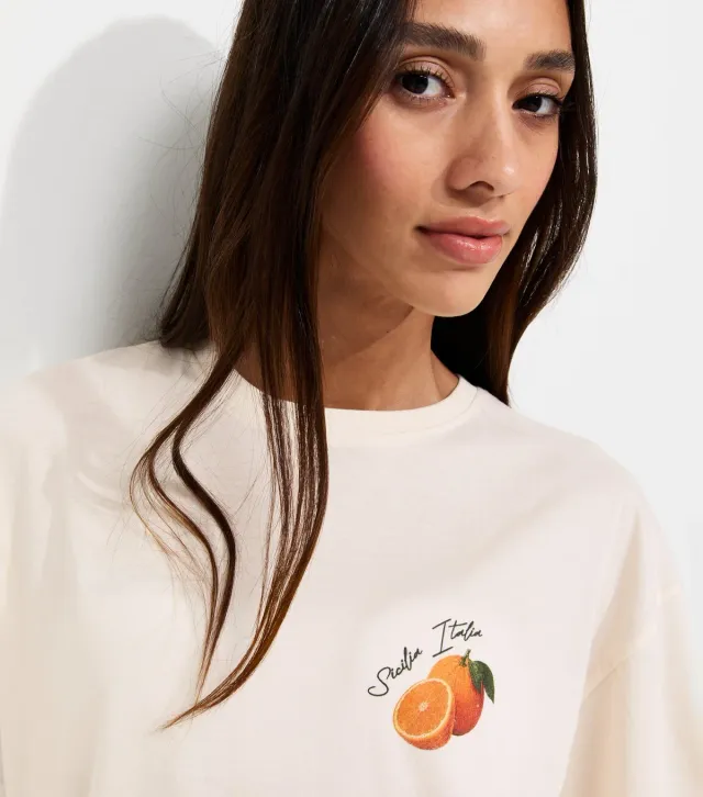 Off White Cotton Orange Print Oversized T-Shirt