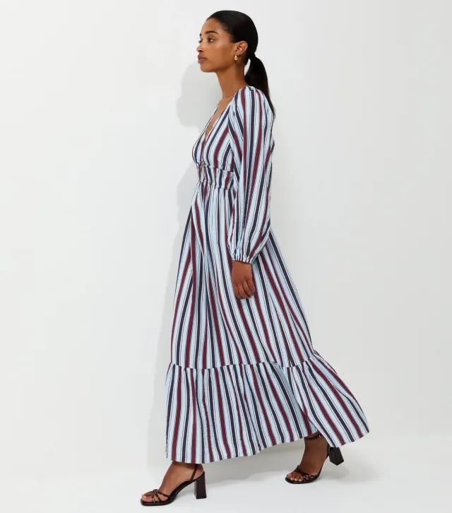 Blue Striped Long Sleeve Smock Midi Dress