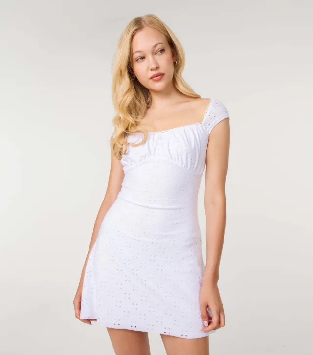 Cream Cap Sleeve Broderie Embroidered Mini Dress
