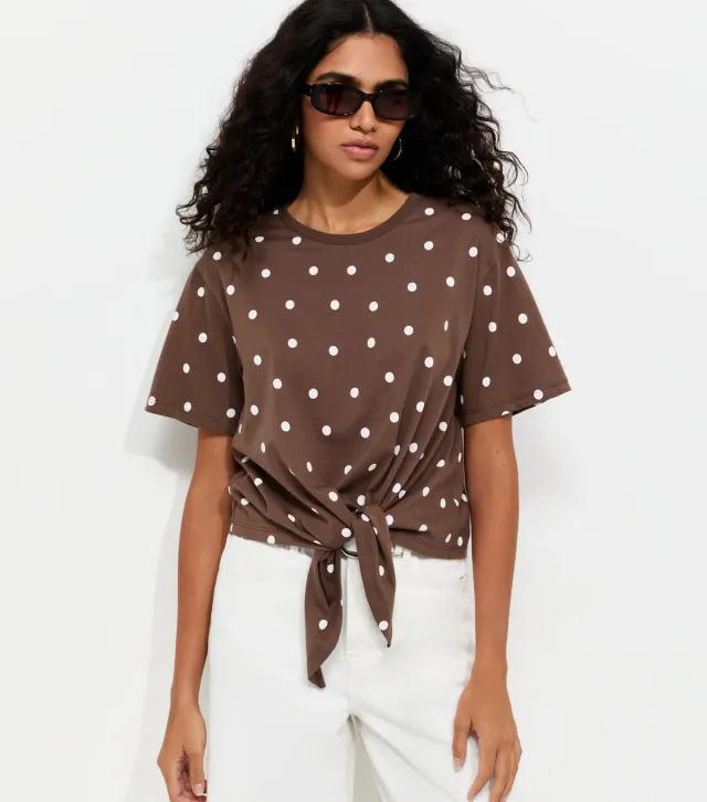 Brown Cotton Spot Print Tie Front T-Shirt