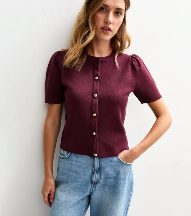 Burgundy Short Sleeve Crew Neck Cardigan